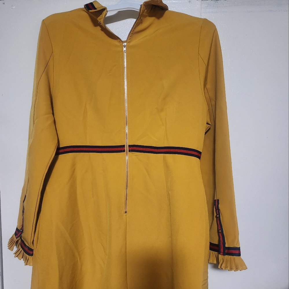 Yellow A-Line Long Sleeve Dress with Mandarin Collar
